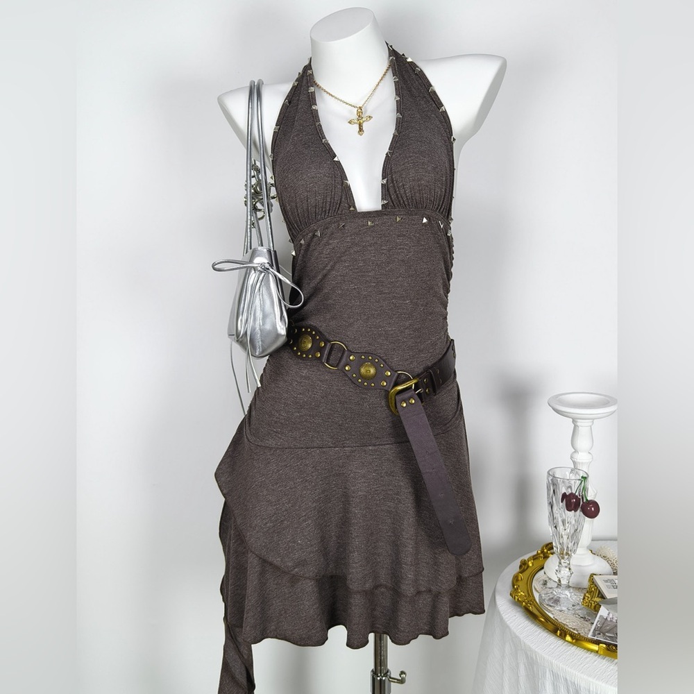 🤎 Hello Gorgeous!  Studded Halter Neck Ruffle Hem Mini Dress - Brown